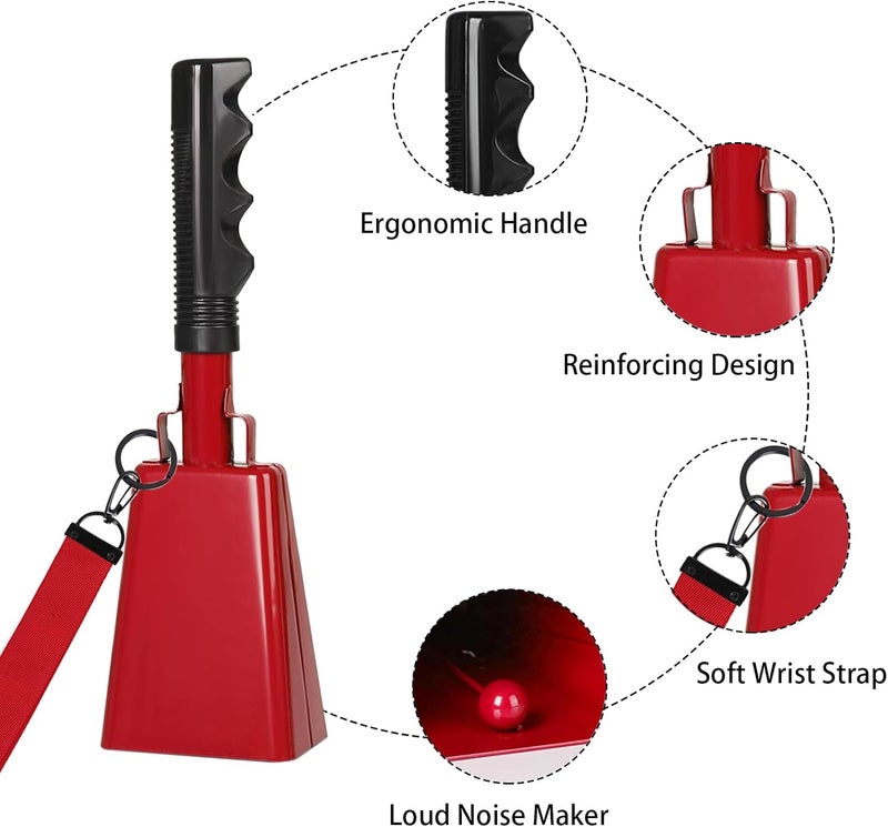 HEYLEAYAR 10Inch Cowbells with Handle for Sporting Events, 2Pcs Large Cow Bells with Wrist Straps, Loud Noise Makers for Cheering Football Games Spirit Marathon Weddings Party Noisemakers, Red - Image 3